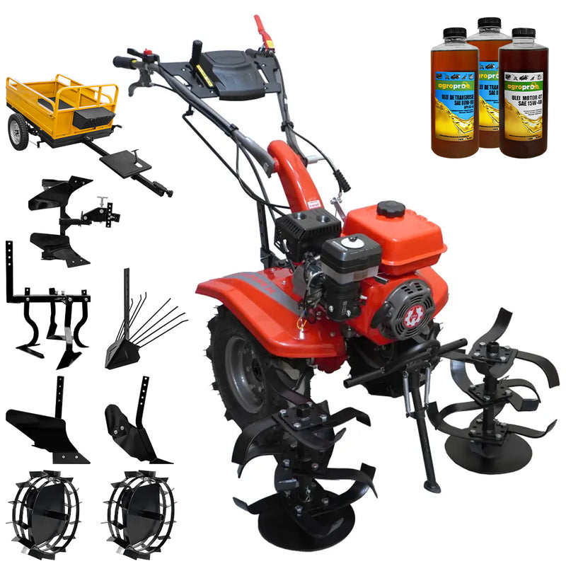 Motocultor Rotakt Junior Plus RO101Rx motor 7 CP benzina latime lucru 56-90 2+1 viteze roti 5.00-8 freze roti metal plug arat rarita reglabila plug cartofi cultivator plug reversibil remorca 3l ulei
