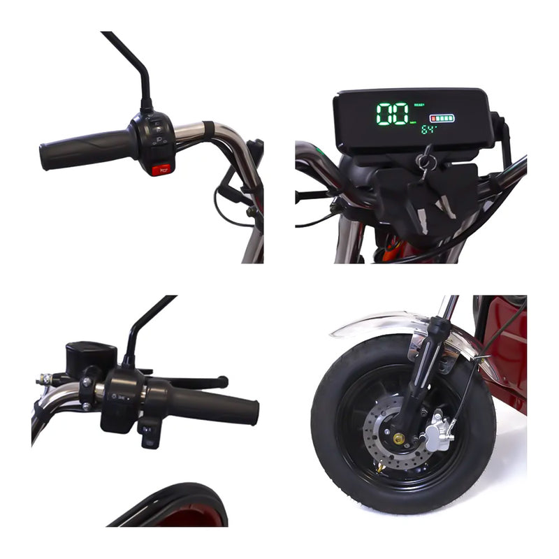 Tricicleta electrica Rotakt Nautilus putere 1600W viteza 25 km/h autonomie 44 km baterie 60V/32Ah bena 106x60 cm greautate admisa 364kg fara permis - rosu