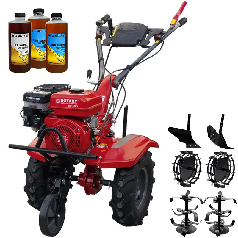 Motocultor Rotakt Titan RO110RV motor 8 CP 212 cmc benzina 2+1 viteze latime lucru 56-90 cm freze roti cauciuc 5.00-8" roti metal plug arat rarita reglabila 3l ulei