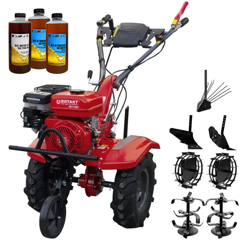Motocultor Rotakt Titan RO110RV motor 8 CP 212 cmc benzina 2+1 viteze latime lucru 56-90 cm freze roti cauciuc 5.00-8" roti metal plug arat rarita reglabila plug cartofi 3l ulei