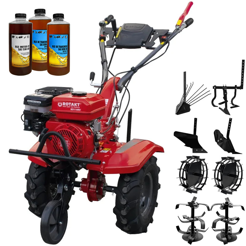 Motocultor Rotakt Titan RO110RV motor 8 CP 212 cmc benzina 2+1 viteze latime lucru 56-90 cm freze roti cauciuc 5.00-8" roti metal plug arat rarita reglabila plug cartofi cultivator 3l ulei