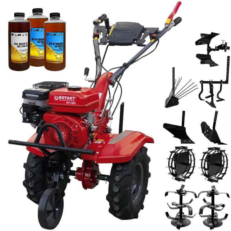 Motocultor Rotakt Titan RO110RV motor 8 CP 212 cmc benzina 2+1 viteze latime lucru 56-90 cm freze roti cauciuc 5.00-8" roti metal plug arat rarita reglabila plug cartofi cultivator plug reversibil 3l ulei