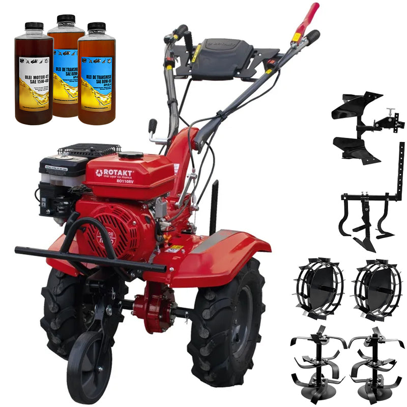 Motocultor Rotakt Titan RO110RV motor 8 CP 212 cmc benzina 2+1 viteze latime lucru 56-90 cm freze roti cauciuc 5.00-8" roti metal cultivator plug reversibil 3l ulei