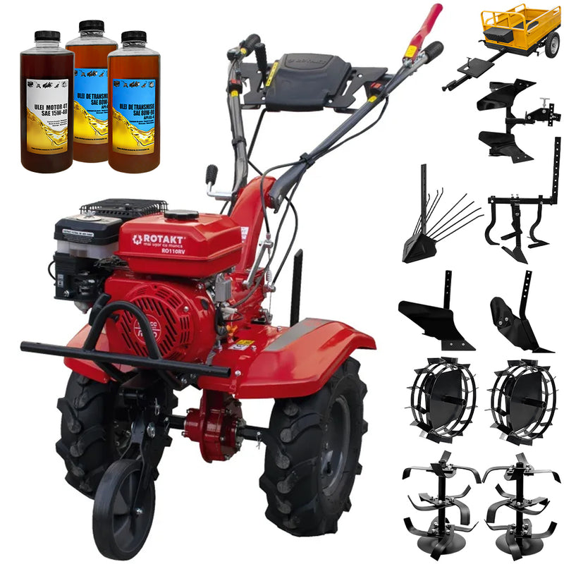 Motocultor Rotakt Titan RO110RV motor 8 CP 212 cmc benzina 2+1 viteze latime lucru 56-90 cm freze roti cauciuc 5.00-8" roti metal plug arat rarita reglabila plug cartofi cultivator plug reversibil remorca 3l ulei