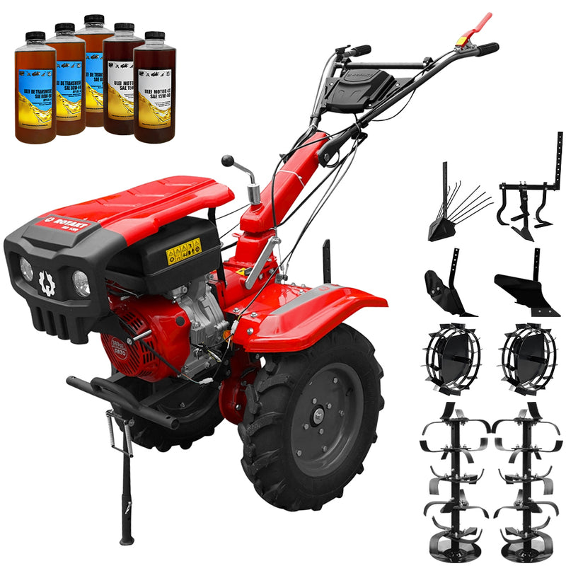 Motocultor Rotakt Apollo RO13R motor 13 CP benzina 2+1 viteze latime lucru 56-135 cm freze roti cauciuc 5.00-12" roti metalice plug arat rarita reglabila plug cartofi cultivator 5l ulei