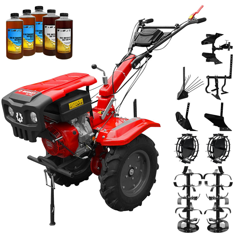 Motocultor Rotakt Apollo RO13R motor 13 CP benzina 2+1 viteze latime lucru 56-135 cm freze roti cauciuc 5.00-12" roti metalice plug arat rarita reglabila plug cartofi cultivator plug reversibil 5l ulei