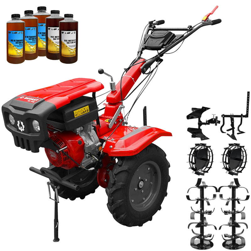 Motocultor Rotakt Apollo RO13R motor 13 CP benzina 2+1 viteze latime lucru 56-135 cm freze roti cauciuc 5.00-12" roti metalice cultivator plug reversibil 5l ulei