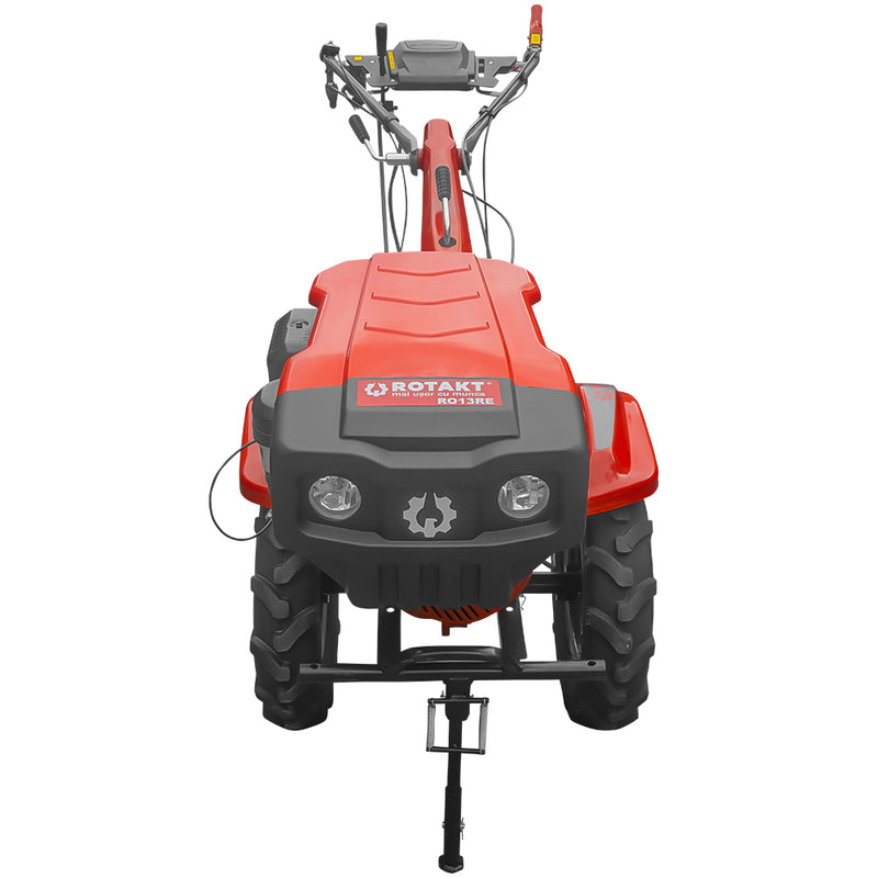 Motocultor Rotakt RO13RE motor 13 CP benzina 4 timpi 2+1 viteze latime lucru 56-135 cm roti cauciuc 5.00-12 pornire electrica roti metal plug arat rarita reglabila plug cartofi cultivator plug reversibil 5l ulei AgroPro