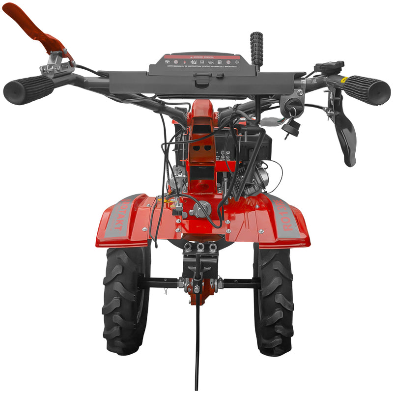 Motocultor Rotakt RO13RE motor 13 CP benzina 4 timpi 2+1 viteze latime lucru 56-135 cm roti cauciuc 5.00-12 pornire electrica roti metal cultivator plug reversibil 5l ulei AgroPro