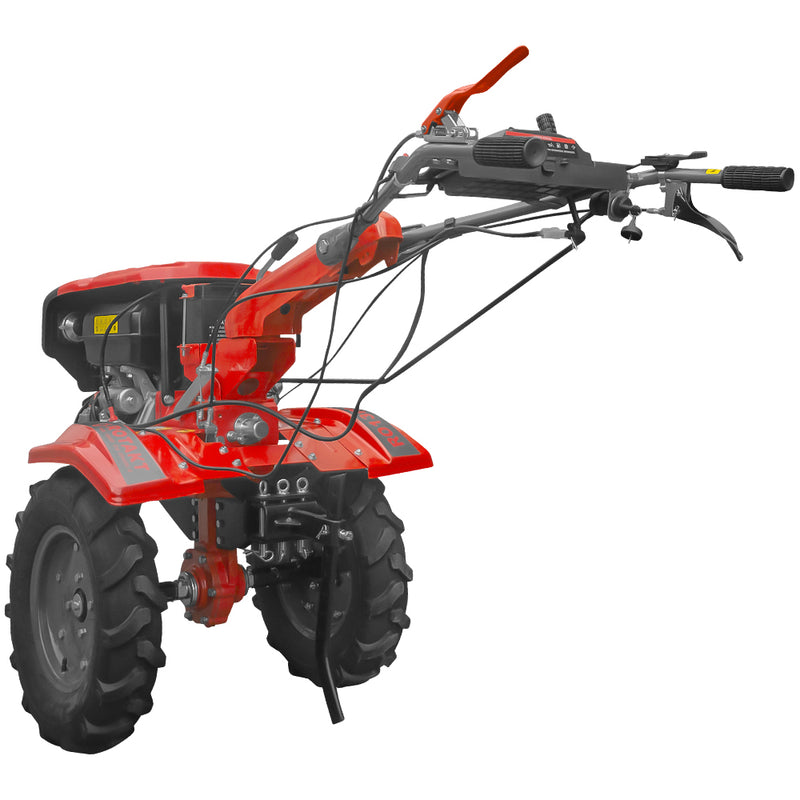 Motocultor Rotakt RO13RE motor 13 CP benzina 4 timpi 2+1 viteze latime lucru 56-135 cm roti cauciuc 5.00-12 pornire electrica roti metal plug arat rarita reglabila plug cartofi cultivator plug reversibil 5l ulei AgroPro
