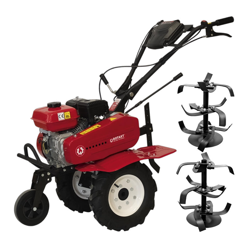 Motosapa Rotakt RO70ECO motor 7CP benzina 2+1 viteze latime lucru 56-83 cm freze roti cauciuc 4.00-8&quot; roti metal plug arat rarita reglabila 2l ulei