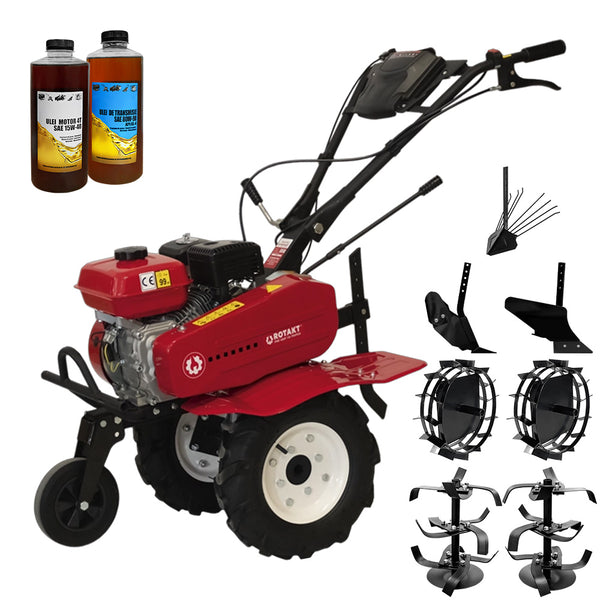 Motosapa Rotakt RO70ECO motor 7CP benzina 2+1 viteze latime lucru 56-83 cm freze roti cauciuc 4.00-8&quot; roti metal plug arat rarita reglabila plug cartofi 2l ulei