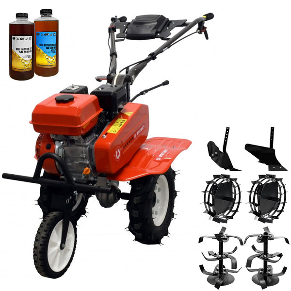 Motocultor Rotakt Rival RO75RS motor 7CP 212 cmc benzina 2+1 viteze latime lucru 56-83 cm freze roti cauciuc 4.00-8" roti metal plug arat rarita reglabila 2l ulei