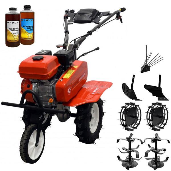 Motocultor Rotakt Rival RO75RS motor 7CP 212 cmc benzina 2+1 viteze latime lucru 56-83 cm freze roti cauciuc 4.00-8" roti metal plug arat rarita reglabila plug cartofi 2l ulei