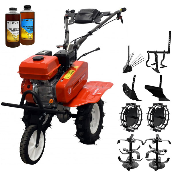 Motocultor Rotakt Rival RO75RS motor 7CP 212 cmc benzina 2+1 viteze latime lucru 56-83 cm freze roti cauciuc 4.00-8" roti metal plug arat rarita reglabila plug cartofi cultivator 2l ulei