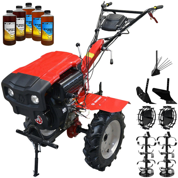 Motocultor Rotakt RO 135S pornire electrica motor 9 CP diesel latime lucru 135 cm 2+1 viteze freze roti cauciuc 5.00-12 capota far roti metal plug arat rarita reglabila plug cartofi 5l ulei