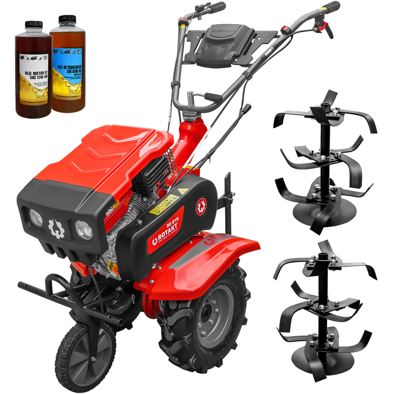 Motosapa Rotakt RO81R cu capota motor 8 CP benzina 2+1 viteze latime lucru 90 cm freze roti cauciuc 4.00x8 roata frontala 2l ulei