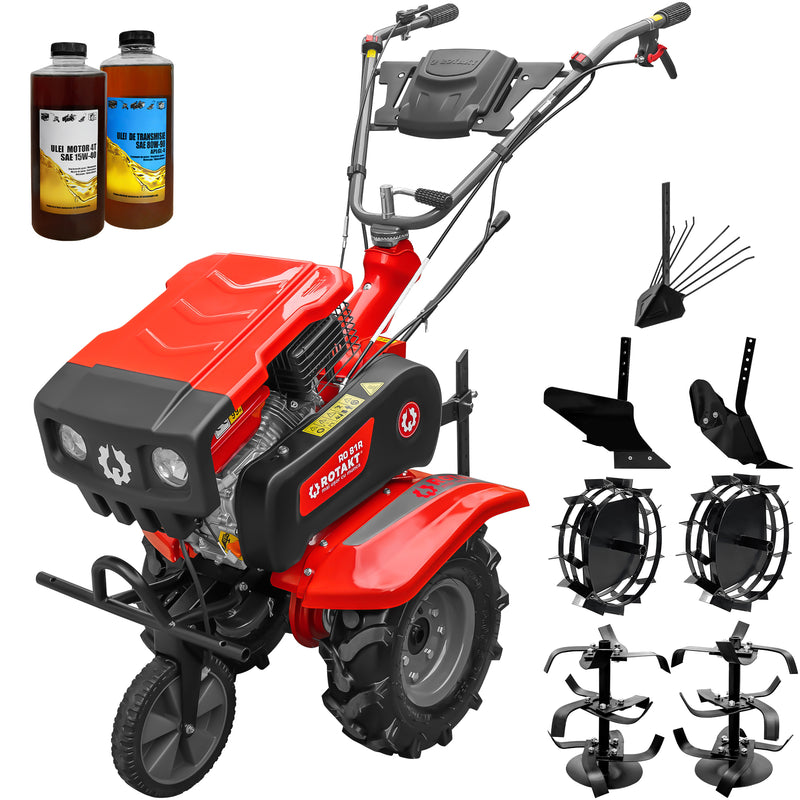 Motosapa Rotakt RO81R cu capota motor 8 CP benzina 2+1 viteze latime lucru 90 cm freze roti cauciuc 4.00x8 roata frontala roti metal plug arat rarita reglabila plug cartofi 2l ulei