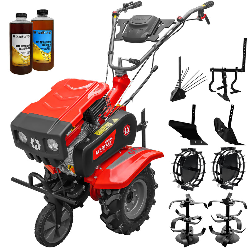 Motosapa Rotakt RO81R cu capota motor 8 CP benzina 2+1 viteze latime lucru 90 cm freze roti cauciuc 4.00x8 roata frontala roti metal plug arat rarita reglabila plug cartofi cultivator 2l ulei