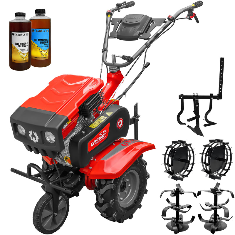 Motosapa Rotakt RO81R cu capota motor 8 CP benzina 2+1 viteze latime lucru 90 cm freze roti cauciuc 4.00x8 roata frontala roti metal cultivator 2l ulei