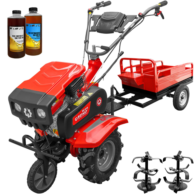 Motosapa Rotakt RO81R cu capota motor 8 CP benzina 2+1 viteze latime lucru 90 cm freze roti cauciuc 4.00x8 roata frontala remorca 2l ulei