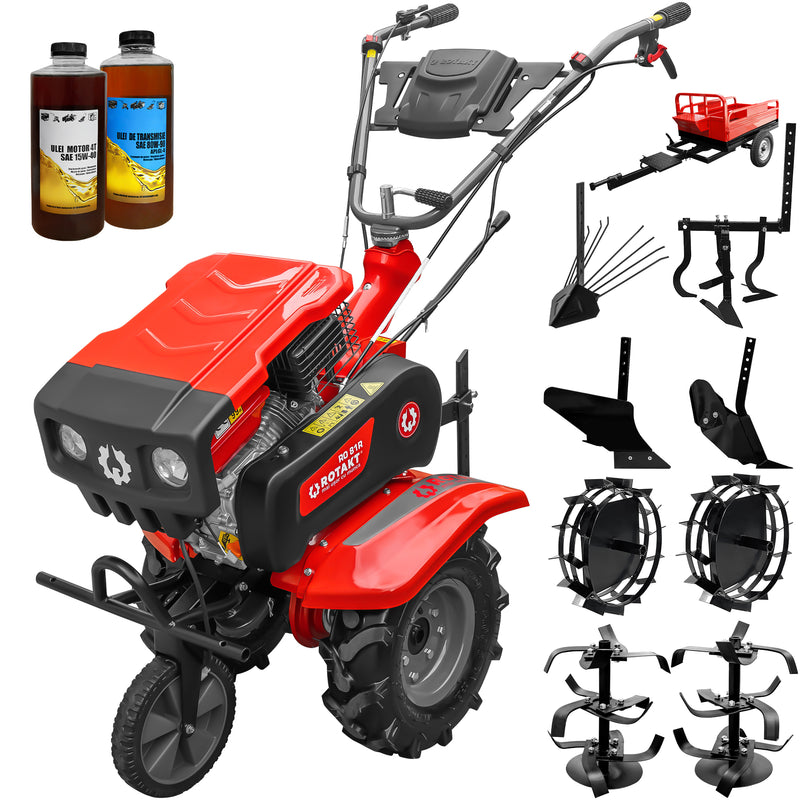 Motosapa Rotakt RO81R cu capota motor 8 CP benzina 2+1 viteze latime lucru 90 cm freze roti cauciuc 4.00x8 roata frontala roti metal plug arat rarita reglabila plug cartofi cultivator remorca 2l ulei