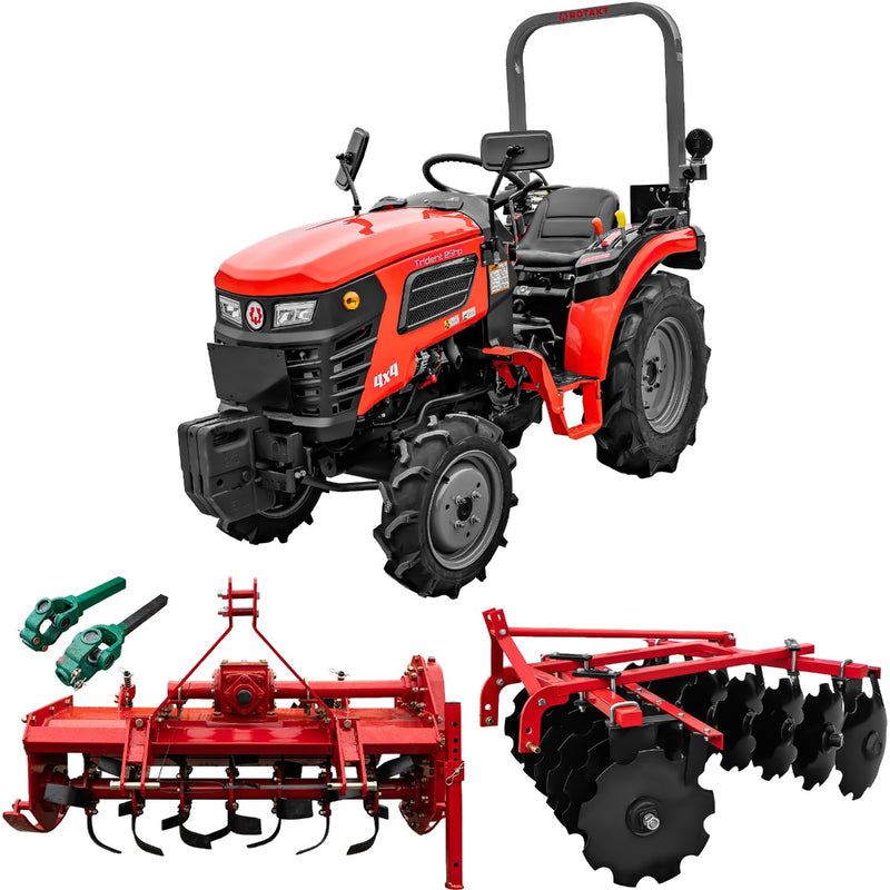 Tractor Rotakt Trident tractiune 4x4 motor 25CP diesel 3 cilindri capacitate cilindrica 1132 cmc CIV inclus + grapa cu disc latime lucru 120 cm + freza tractata latime lucru 130 cm