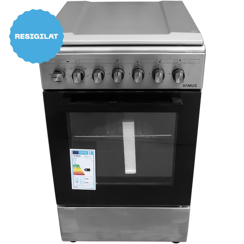RESIGILAT: Aragaz electric/ gaz Samus SM562AENS1 INOX 4 arzatoare pe gaz cuptor electric 43 litri 6 functii grill ventilator timer aprindere electrica dispozitv siguranta arzatoare latime 49.8 cm
