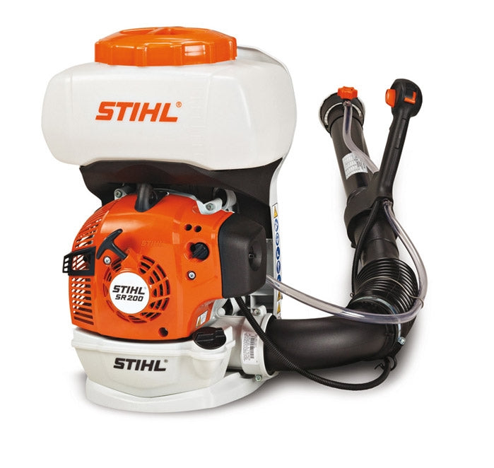 Atomizor STIHL SR 200 putere 1.1 CP benzina debit aer 780 mc/h volum recipient 10 L distanta pulverizare 9 m