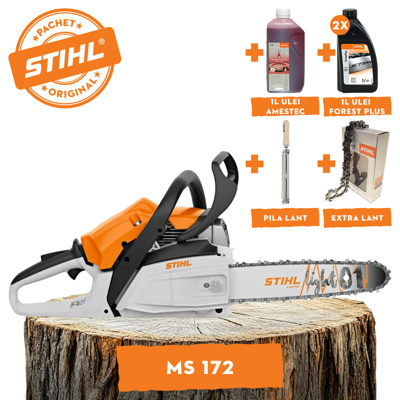 Motofierastrau STIHL MS 172 putere 1.9 CP lama 35 cm 1.1 mm pas lant 3/8"P + ulei amestec 2T 1L + ulei forest plus 2L + extra lant + pila lant