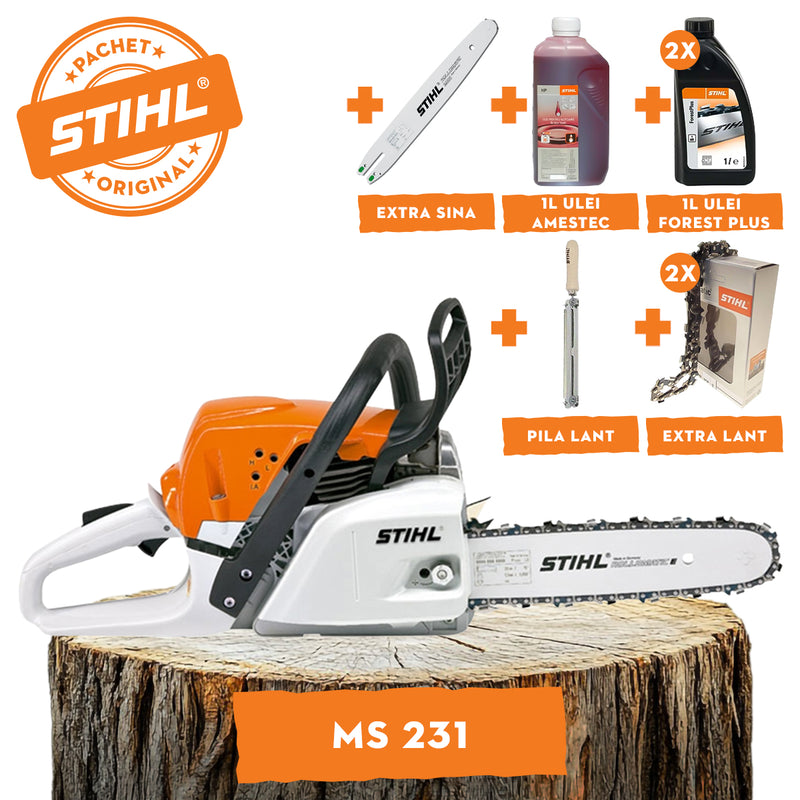 Motofierastrau STIHL MS 231 putere 2.7CP lama 40cm 1.3mm pas lant 3/8" + ulei amestec 2T 1L + ulei forest plus 2L + 2x extra lant + extra sina + pila lant