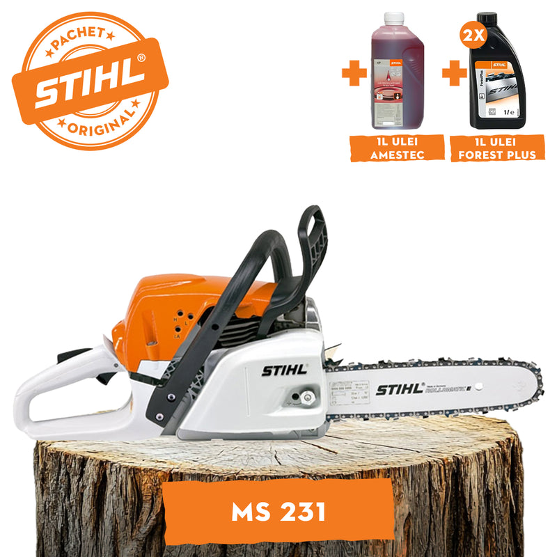 Motofierastrau STIHL MS 231 lant vidia putere 2.7CP lama 40cm 1.3mm pas lant 3/8"P 63PD3 + ulei amestec 2T 1L + ulei forest plus 2L