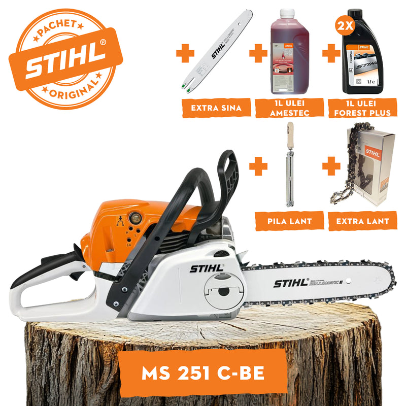 Motofierastrau STIHL MS 251 C-BE ErgoStart QuickStop putere 3CP lama 40cm + ulei amestec 2T 1L + ulei forest plus 2L + extra lant + extra sina + pila lant
