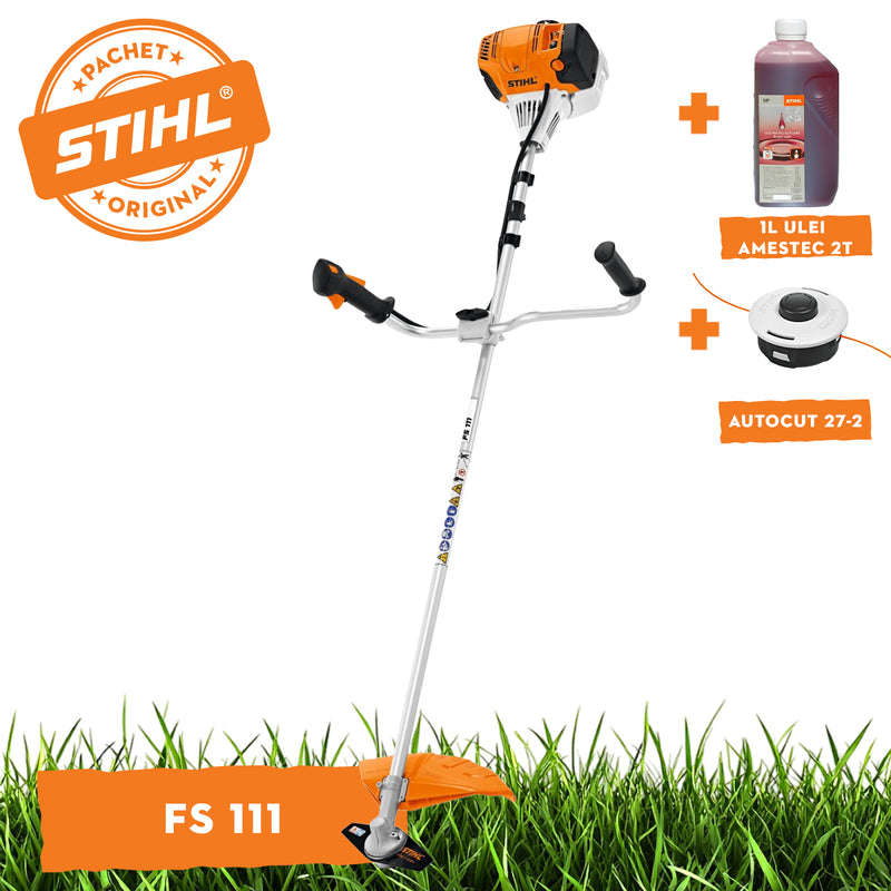 Motocoasa STIHL FS 111 motor 1.4 CP latime lucru 42cm cutit pentru iarba 230-2 chinga dubla pentru umeri + ulei amestec 2T 1L + AutoCut 27-2