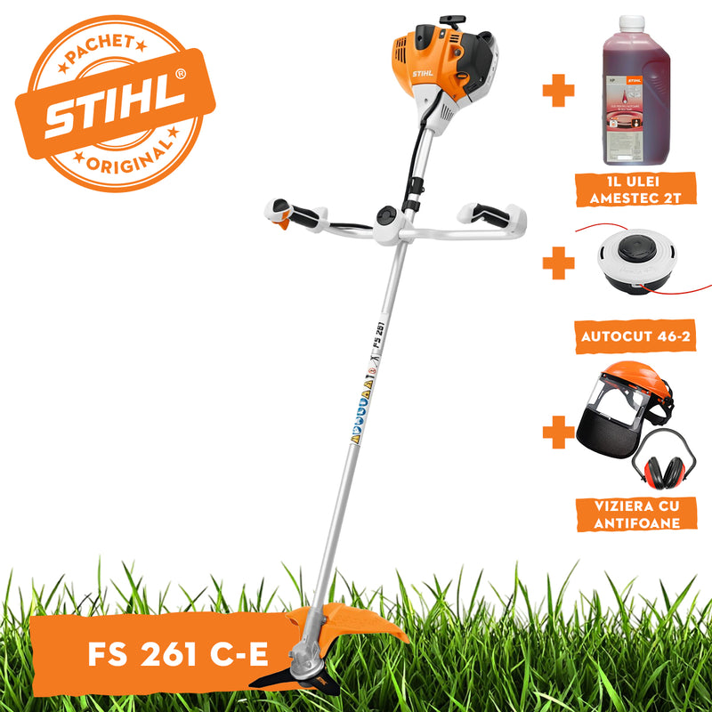 Motocoasa STIHL FS 361 motor 2.3 CP latime de lucru 52 cm cutit taietor pentru tufisuri 300-3 centura universala advance plus + ulei amestec 2T 1L + AutoCut 46-2 + viziera cu antifoane