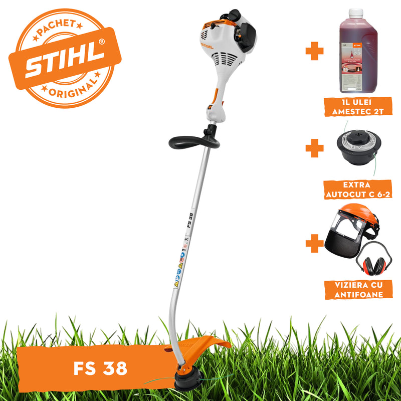Motocoasa STIHL FS 38 putere 0.9 CP latime lucru 38 cm cap cositor AutoCut C 6-2 + ulei amestec 2T 1L + extra AutoCut C 6-2 + viziera cu antifoane