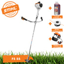 Motocoasa STIHL FS 55 motor 1 CP latime lucru 42cm cutit pentru iarba 230-2 chinga de transport + ulei amestec 2T 1L + AutoCut 27-2 + viziera cu antifoane