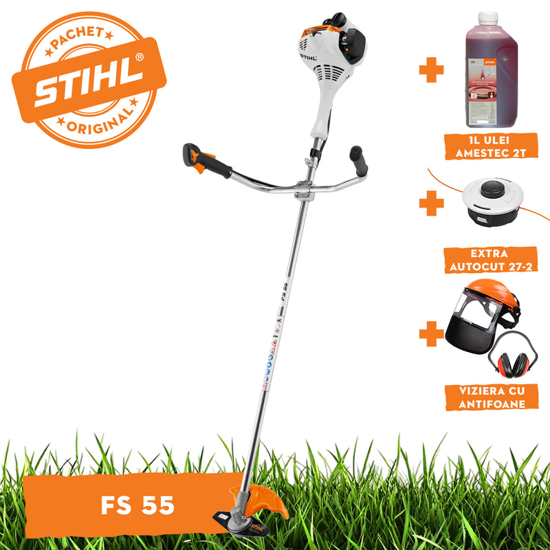 Motocoasa STIHL FS 55 motor 1 CP latime lucru 42cm cutit pentru iarba 230-2 chinga de transport + ulei amestec 2T 1L + AutoCut 27-2 + viziera cu antifoane