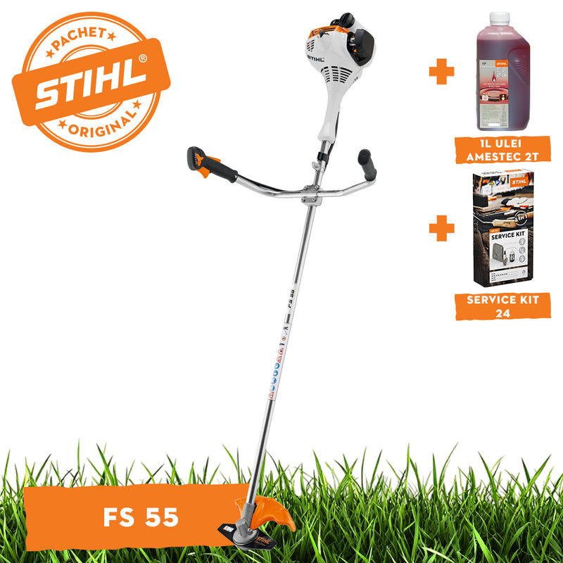 Motocoasa STIHL FS 55 motor 1 CP latime lucru 42cm cutit pentru iarba 230-2 chinga de transport + ulei amestec 2T 1L + service kit 24
