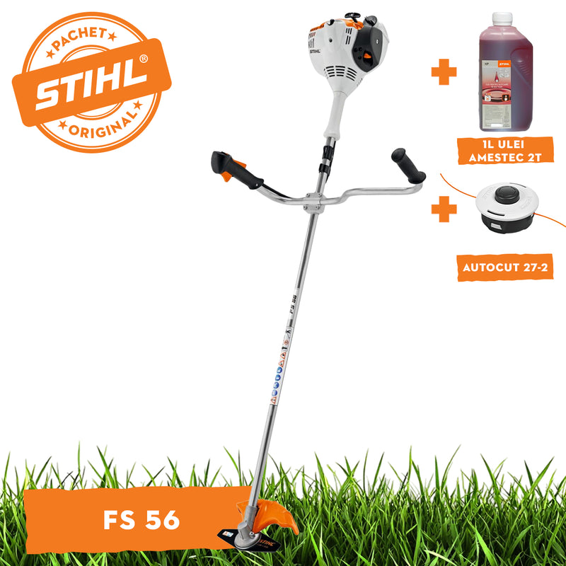 Motocoasa STIHL FS 56 motor 1.1 CP latime lucru 42cm cutit pentru iarba 230-2 chinga de transport + ulei amestec 2T 1L + AutoCut 27-2