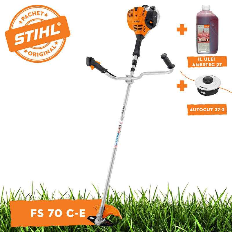 Motocoasa STIHL FS 70 C-E ErgoStart putere 1.2 CP latime lucru 42 cm cutit pentru iarba 230-2 chinga de transport + ulei amestec 2T 1L + AutoCut 27-2