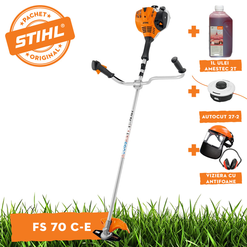 Motocoasa STIHL FS 70 C-E ErgoStart putere 1.2 CP latime lucru 42 cm cutit pentru iarba 230-2 chinga de transport + ulei amestec 2T 1L + AutoCut 27-2 + viziera cu antifoane