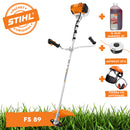Motocoasa STIHL FS 89 putere 1.3 CP latime lucru 42cm cutit pentru iarba 230-2 chinga dubla pentru umeri + ulei amestec 2T 1L + AutoCut 27-2 + viziera cu antifoane