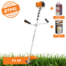 Motocoasa STIHL FS 89 putere 1.3 CP latime lucru 42cm cutit pentru iarba 230-2 chinga dubla pentru umeri + ulei amestec 2T 1L + service kit 30