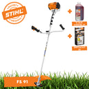 Motocoasa STIHL FS 91 motor 1.3 CP latime lucru 42 cm cutit pentru iarba 230-2 chinga dubla pentru umeri + ulei amestec 2T 1L + service kit 30