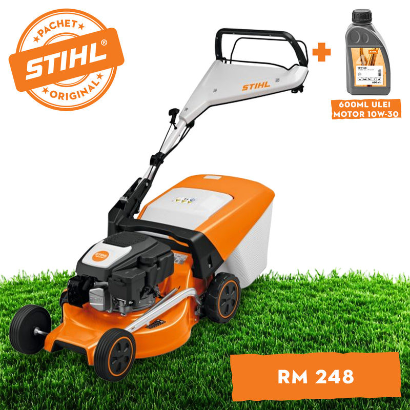 Masina de tuns iarba STIHL RM 248 T autopropulsata benzina latime taiere 46 cm inaltime reglabila cos colector 52 L + ulei motor 10W-30 0.6L
