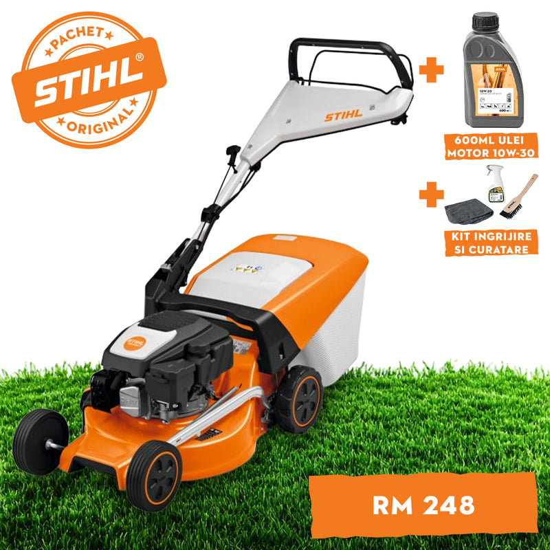 Masina de tuns iarba STIHL RM 248 T autopropulsata benzina latime taiere 46 cm inaltime reglabila cos colector 52 L + ulei motor 10W-30 0.6L + kit ingrijire si curatare