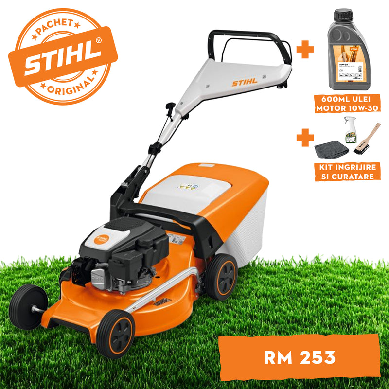 Masina de tuns iarba STIHL RM 253 benzina latime taiere 51 cm inaltime reglabila cos colector 55 L + ulei motor 10W-30 0.6L + kit ingrijire si curatare