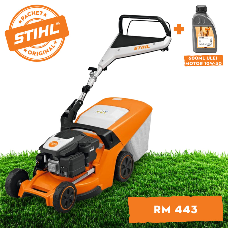 Masina de tuns iarba STIHL RM 443 benzina actionare prin impingere latime taiere 41 cm cos colector 52 L + ulei motor 10W-30 0.6L