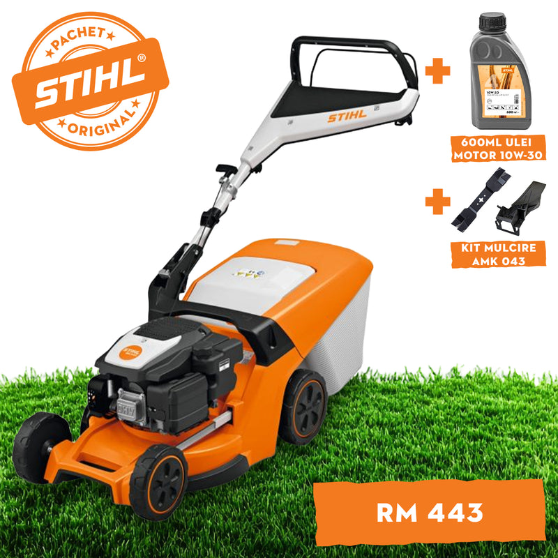 Masina de tuns iarba STIHL RM 443 benzina actionare prin impingere latime taiere 41 cm cos colector 52 L + ulei motor 10W-30 0.6L + kit mulcire AMK 043